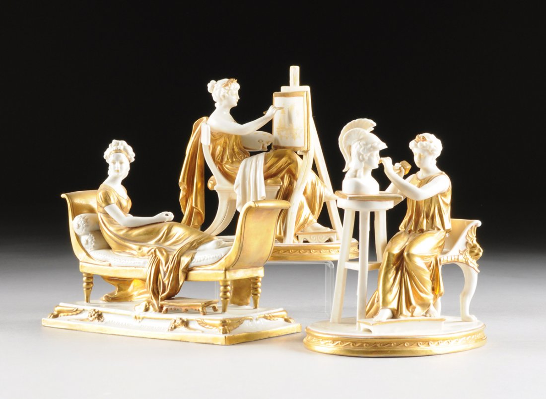 A GROUP OF THREE GERMAN PORCELAIN FIGURES, LATE: A GROUP OF THREE GERMAN PORCELAIN FIGURES, LATE 19TH/EARLY 20TH CENTURY, comprising a figural group of Painting with a gilt robed female wearing a gilt laurel wreath seated in a Klismos form chair in