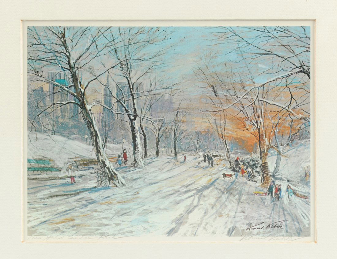 KAMIL KUBIK (American b. 1930) A PRINT "New Years: KAMIL KUBIK (American b. 1930) A PRINT "New Years Central Park," on paper, signed in plate L/R, signed L/R and titled L/L. 7 3/4" x 10 1/4" Framed.
