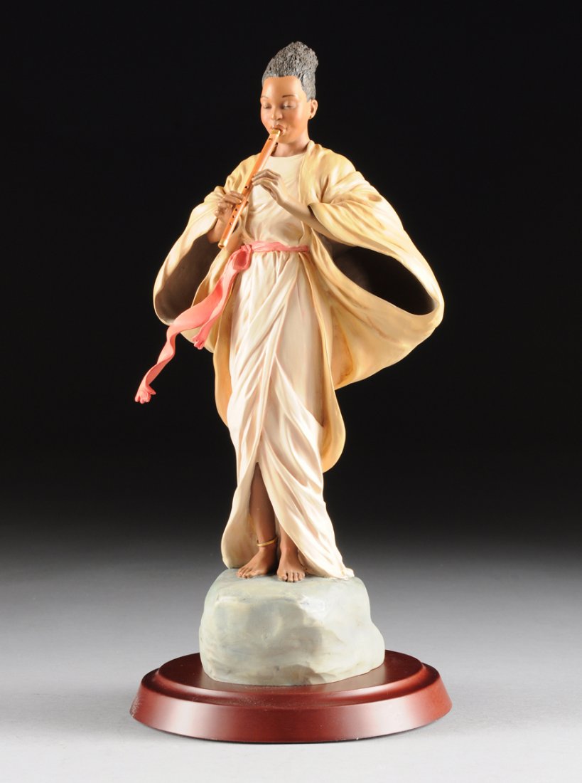 A THOMAS BLACKSHEAR EBONY VISIONS FIGURAL SCULPTURE,: A THOMAS BLACKSHEAR EBONY VISIONS FIGURAL SCULPTURE, "THE MUSIC MAKER," LIMITED EDITION ZETA ISSUE, NUMBERED 0015 OF 1,100, 1996, modeled as a standing figure of an African American beauty wearing ups