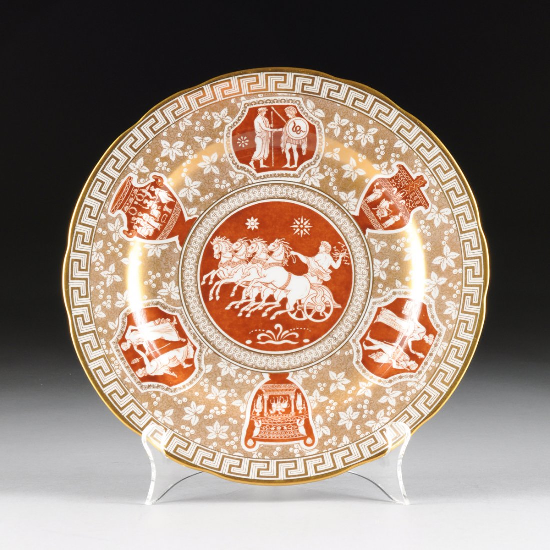 A SET OF TWELVE SPODE COPELAND PARCEL GILT TRANSFER: A SET OF TWELVE SPODE COPELAND PARCEL GILT TRANSFER PRINTED IRON RED SERVICE PLATES, UNDERGLAZE GREEN PRINTED AND IMPRESSED MARKS, PATTERN R 9027, MID 20TH CENTURY, in the "Greek" pattern with a waved