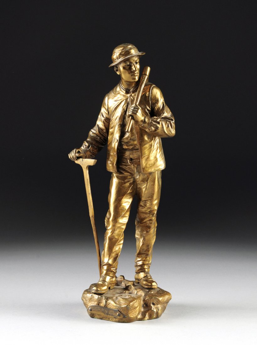 EUTROPE BOURET (French 1833-1906) A GILT BRONZE: EUTROPE BOURET (French 1833-1906) A GILT BRONZE SCULPTURE, "Sortie de la Mine," signed on the bronze groundwork base, stamped "E.V. 2011". Height: 11 1/4"