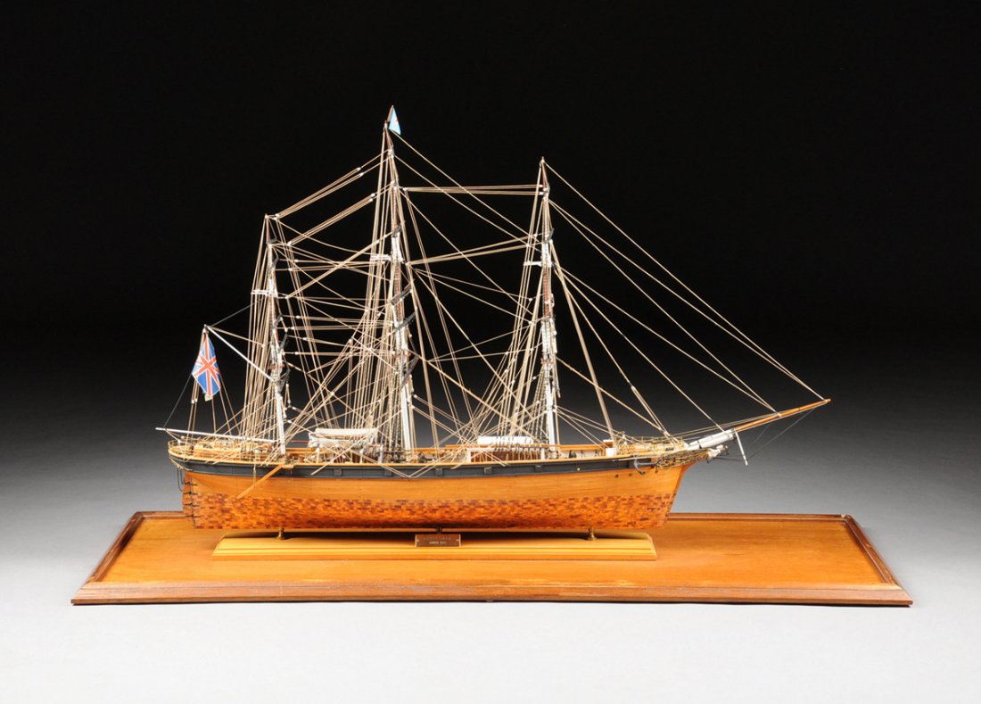 AN AMERICAN STAINED AND PAINTED WOOD SHIP MODEL OF THE: AN AMERICAN STAINED AND PAINTED WOOD SHIP MODEL OF THE TEA CLIPPER, "CUTTY SARK", BY WILLIAM C. JARVIS, 20TH CENTURY, realistically constructed by hand in wood, brass, iron and rope with faithful mini