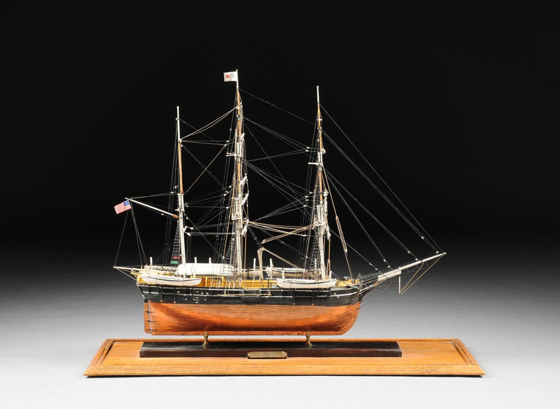 AN AMERICAN PAINTED AND CUT WOOD SHIP MODEL OF THE: AN AMERICAN PAINTED AND CUT WOOD SHIP MODEL OF THE WHALING BARK, CHARLES W. MORGAN, BY DR. WILLIAM C. JARVIS, 20TH CENTURY, faithfully recreated in hand-cut, stained, and painted wood with fine miniat