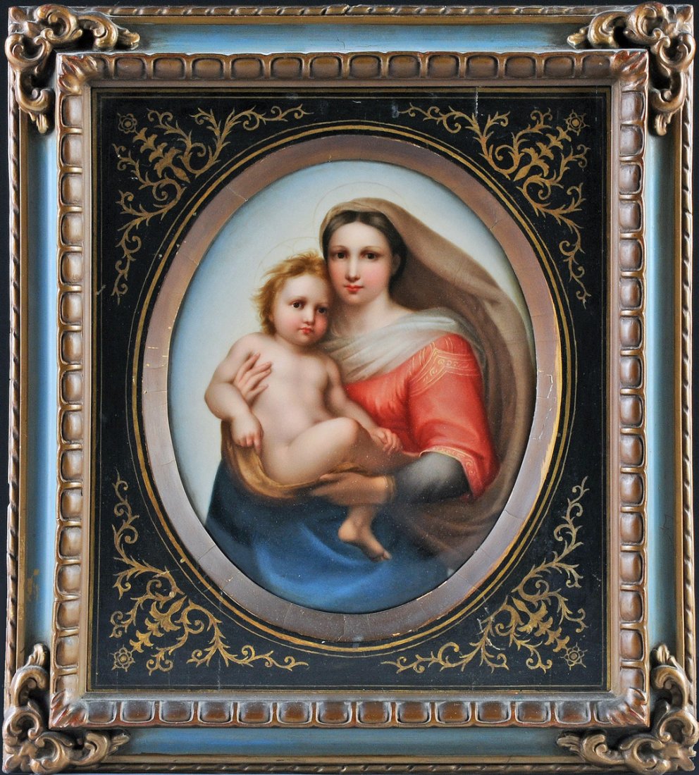A BERLIN KPM POLYCHROME PAINTED OVAL PLAQUE OF THE: A BERLIN KPM POLYCHROME PAINTED OVAL PLAQUE OF THE MADONNA AND CHRIST CHILD, AFTER RAPHAEL, IMPRESSED SCEPTER ABOVE K.P.M., F, 5, LATE 19TH/EARLY 20TH CENTURY, finely painted with the Madonna wearing