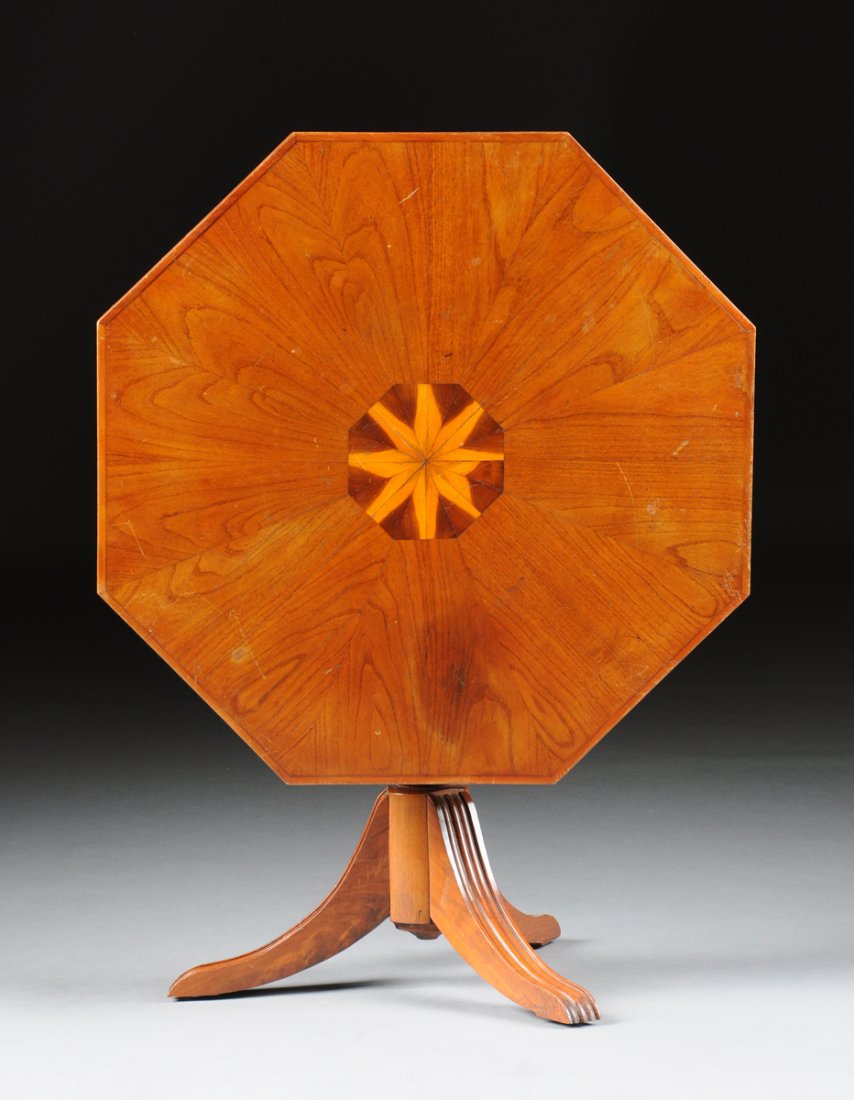 A TEXAN MESQUITE AND VARIOUS WOODS INLAID TILT-TOP: A TEXAN MESQUITE AND VARIOUS WOODS INLAID TILT-TOP PARQUETRY OCCASIONAL TABLE, BY JOHN HICKMAN BROWN, CORPUS CHRISTI, LATE 20TH CENTURY, the peg hinged octagonal top centering a black walnut, mesquite