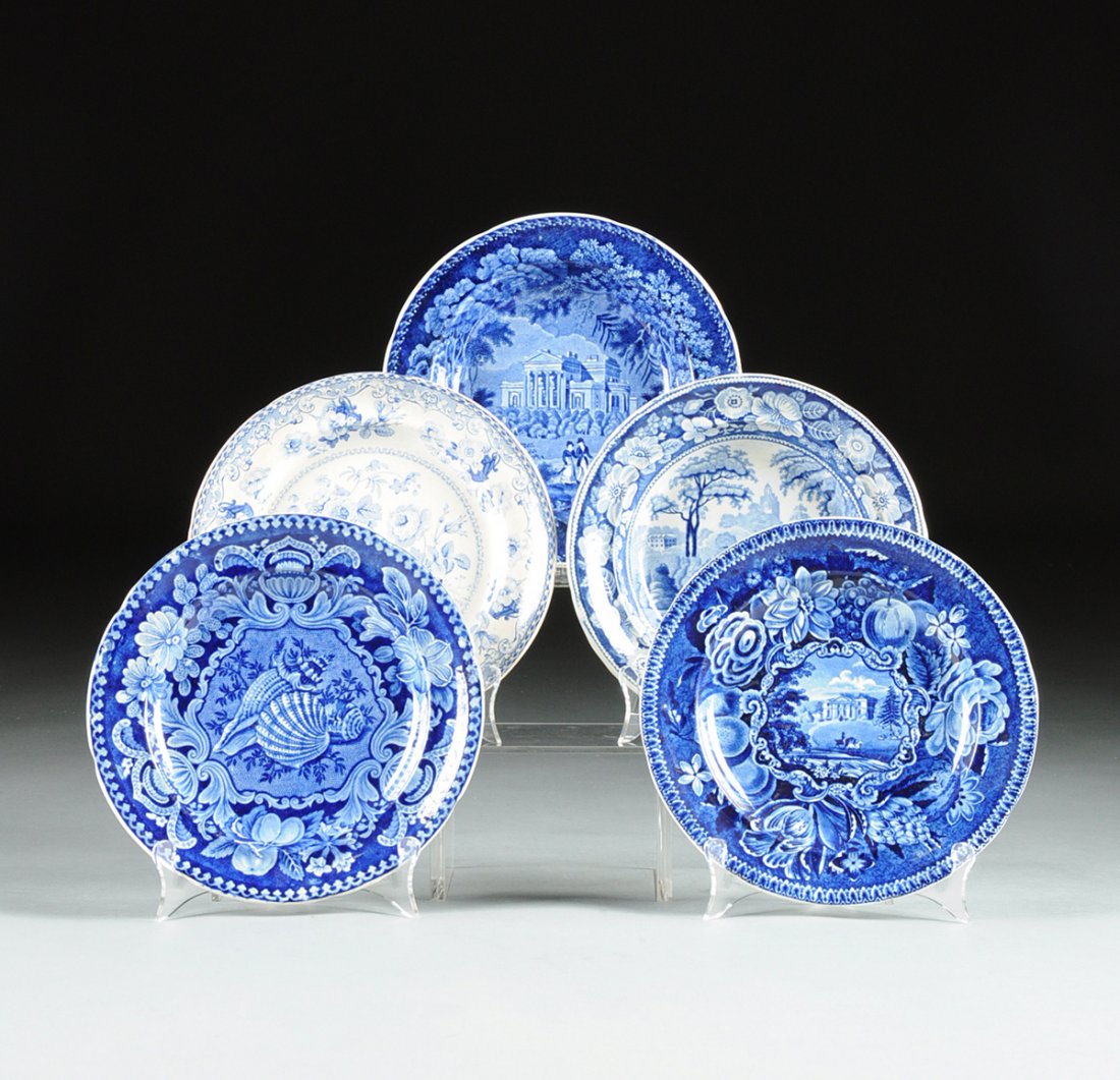 A GROUP OF FIVE ENGLISH CERAMIC PLATES WITH BLUE AND: A GROUP OF FIVE ENGLISH CERAMIC PLATES WITH BLUE AND WHITE TRANSFER PRINTED DECORATION, 19TH CENTURY, comprising an earthenware plate by John Hulme and Sons of Land End, Stoke-on-Trent with transfer p