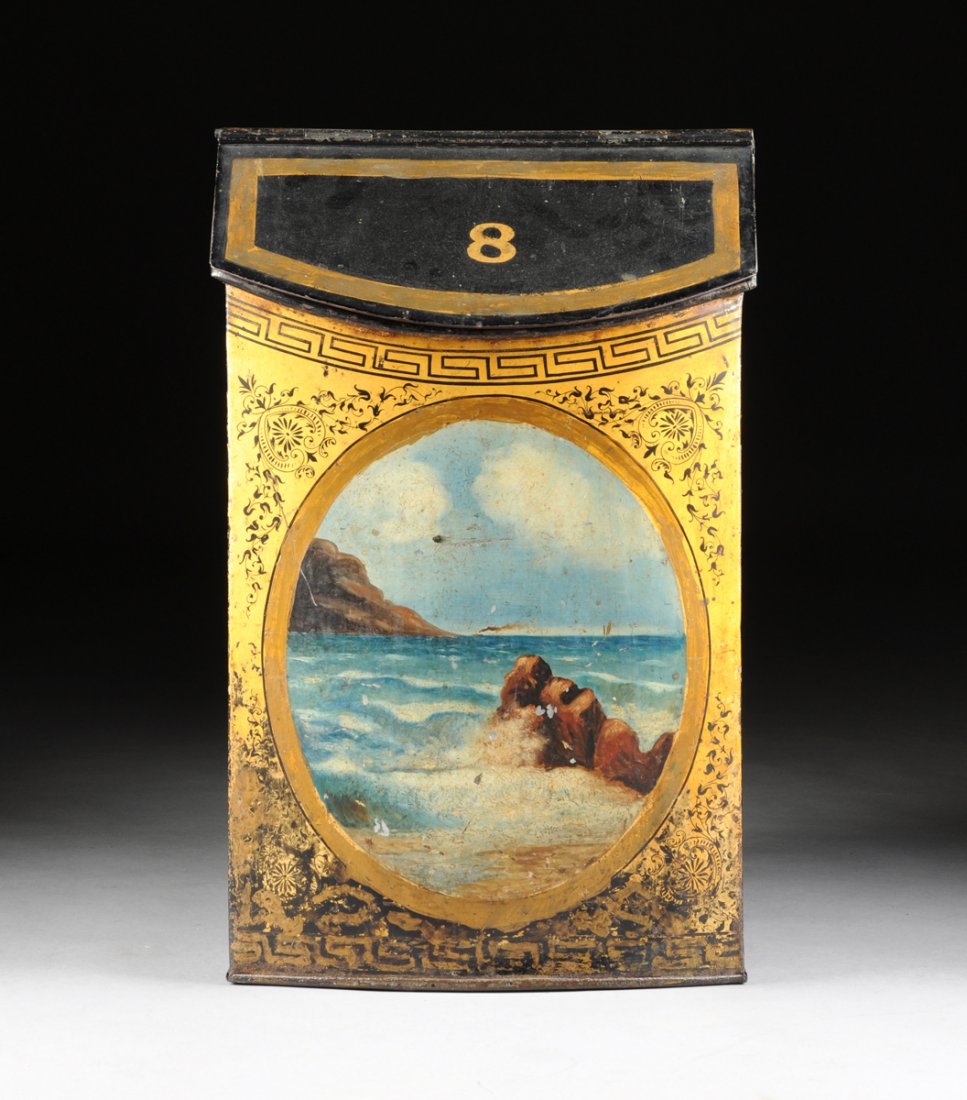 A VICTORIAN POLYCHROME PAINTED BLACK GROUND TOLE: A VICTORIAN POLYCHROME PAINTED BLACK GROUND TOLE STORAGE BIN, LATE 19TH/EARLY 20TH CENTURY, of rectangular form with a slant hinged lid numbered "8" above a Greek key band and a nicely painted bowed f
