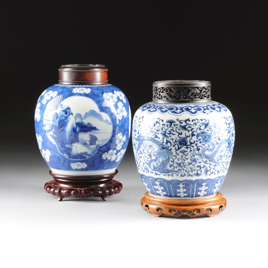 TWO CHINESE BLUE AND WHITE PORCELAIN GINGER JARS, 19TH: TWO CHINESE BLUE AND WHITE PORCELAIN GINGER JARS, 19TH AND 20TH CENTURIES, each of traditional form with one having sides centering scattered prunus blossoms enclosing three quatrefoil reserves of aus