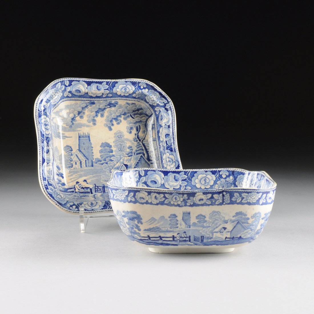 TWO STAFFORDSHIRE BLUE AND WHITE TRANSFER PRINT POTTERY: TWO STAFFORDSHIRE BLUE AND WHITE TRANSFER PRINT POTTERY TABLEWARES, ENGLAND, CIRCA 1830-1840, comprising a deep square form serving bowl with rounded canted corners, height: 3 3/4"; width: 8 7/8"; dep