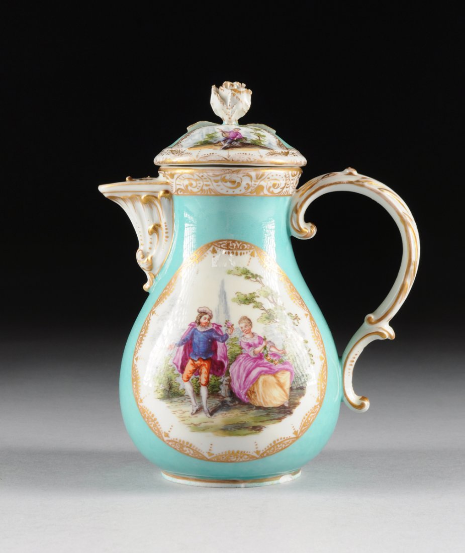 A MEISSEN PARCEL GILT AND POLYCHROME PAINTED PALE BLUE  (1 of 9)