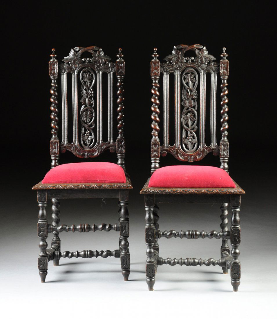 A SET OF FIVE CHARLES II STYLE CARVED OAK SIDE CHAIRS,  (1 of 8)