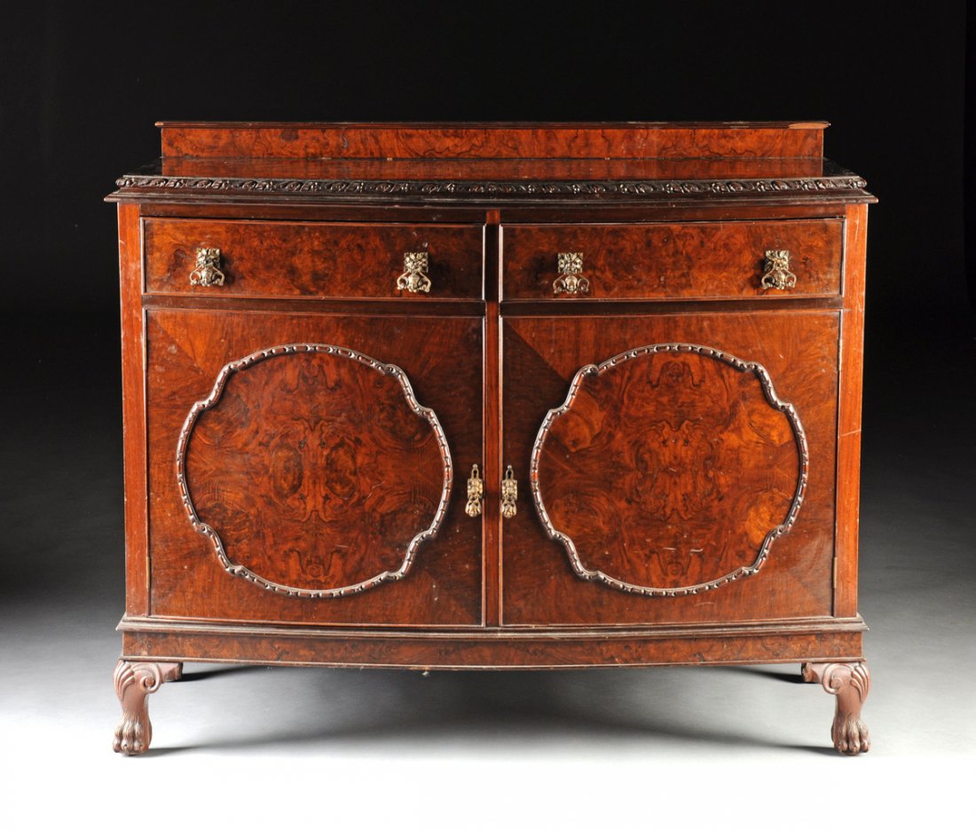 A VINTAGE ENGLISH BURLED WALNUT INLAID SIDEBOARD, EARLY (1 of 6)