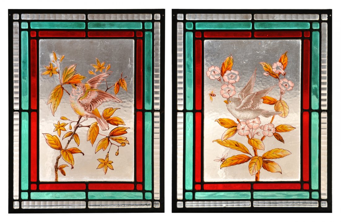 A PAIR OF AMERICAN AESTHETIC STYLE STAINED GLASS PANELS (1 of 9)