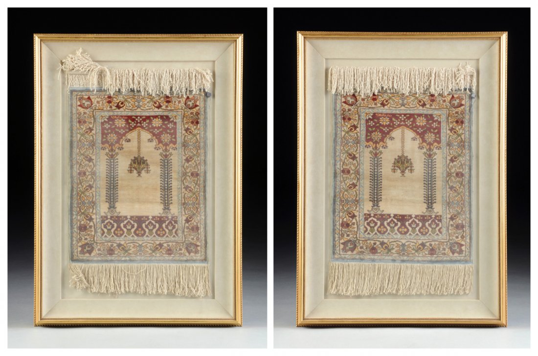 A PAIR OF DIMINUTIVE HIRAKEM SILK RUGS, EACH SIGNED AND (1 of 10)