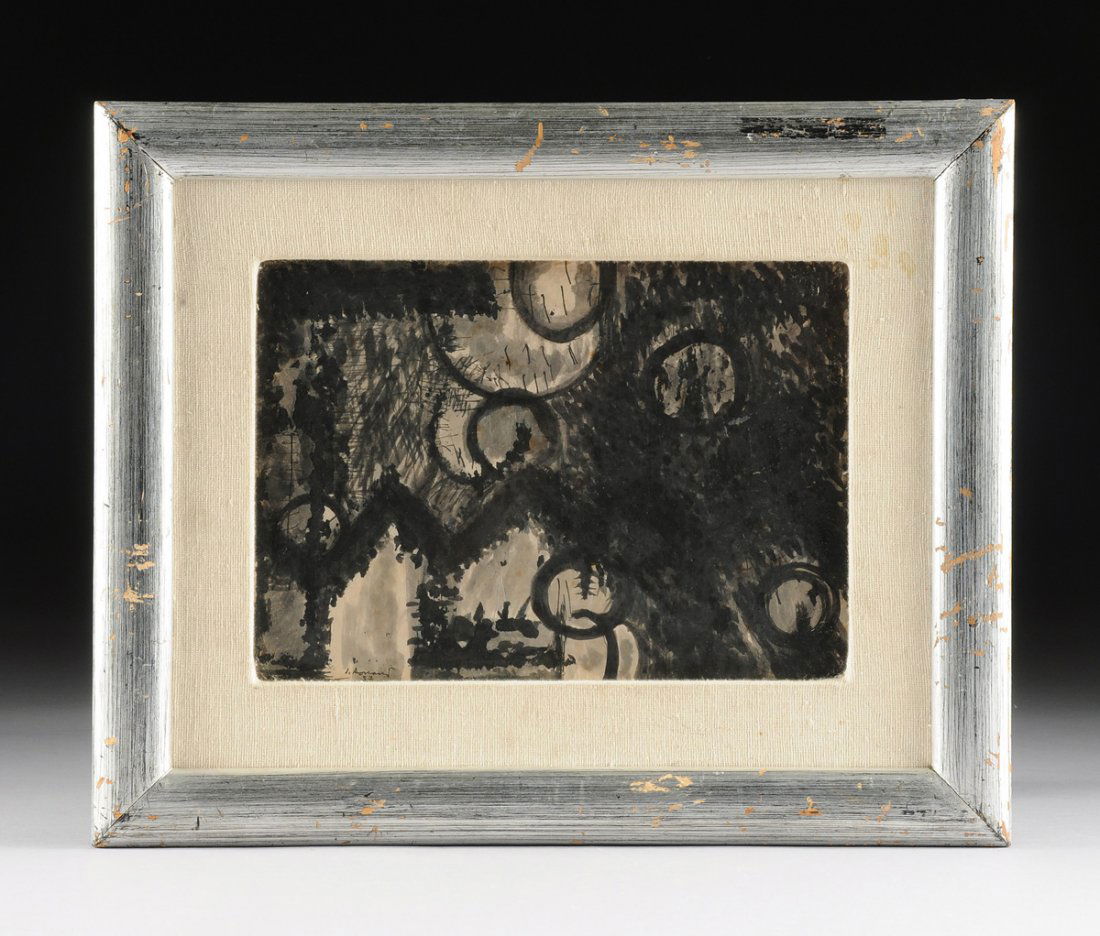 JUAN SORIANO (Mexican 1920-2006) A PAINTING ,: JUAN SORIANO (Mexican 1920-2006) A PAINTING , "Abstraction," watercolor on paper, signed and dated 1957 L/L. 9" x 12 1/2"