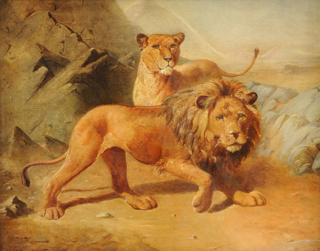 P. TAX (Belgian 19th Century) A PAINTING, "Two Lions," (1 of 9)
