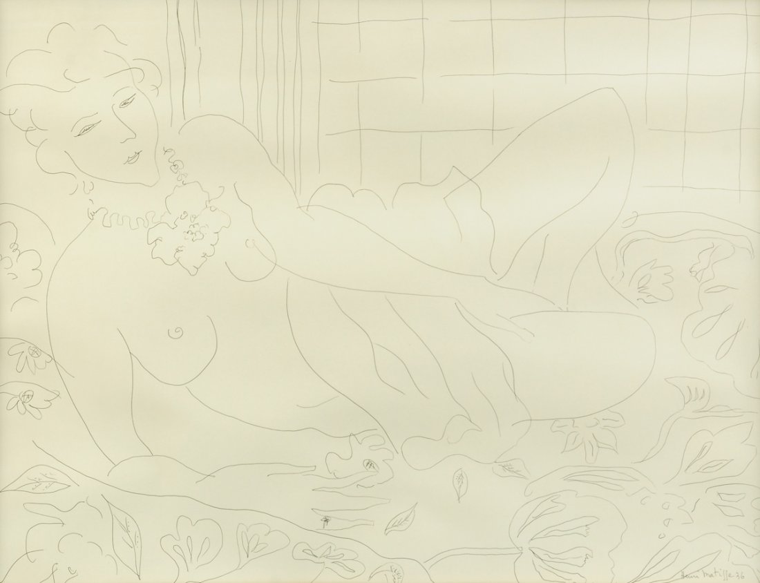 after HENRI MATISSE (French 1869-1954) A LITHOGRAPH,: after HENRI MATISSE (French 1869-1954) A LITHOGRAPH, "The Reclining Nude," on paper, signed L/R in pencil. 19" x 25"