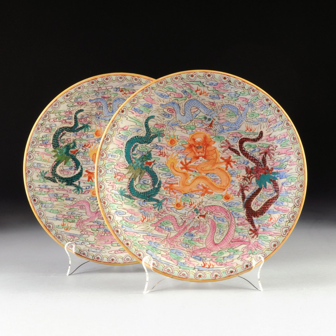 A PAIR OF MODERN CHINESE POLYCHROME ENAMELED CHARGERS, (1 of 6)