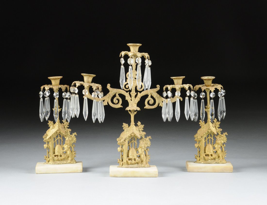 A THREE PIECE AMERICAN GILT LACQUERED BRASS GIRANDOLES (1 of 8)