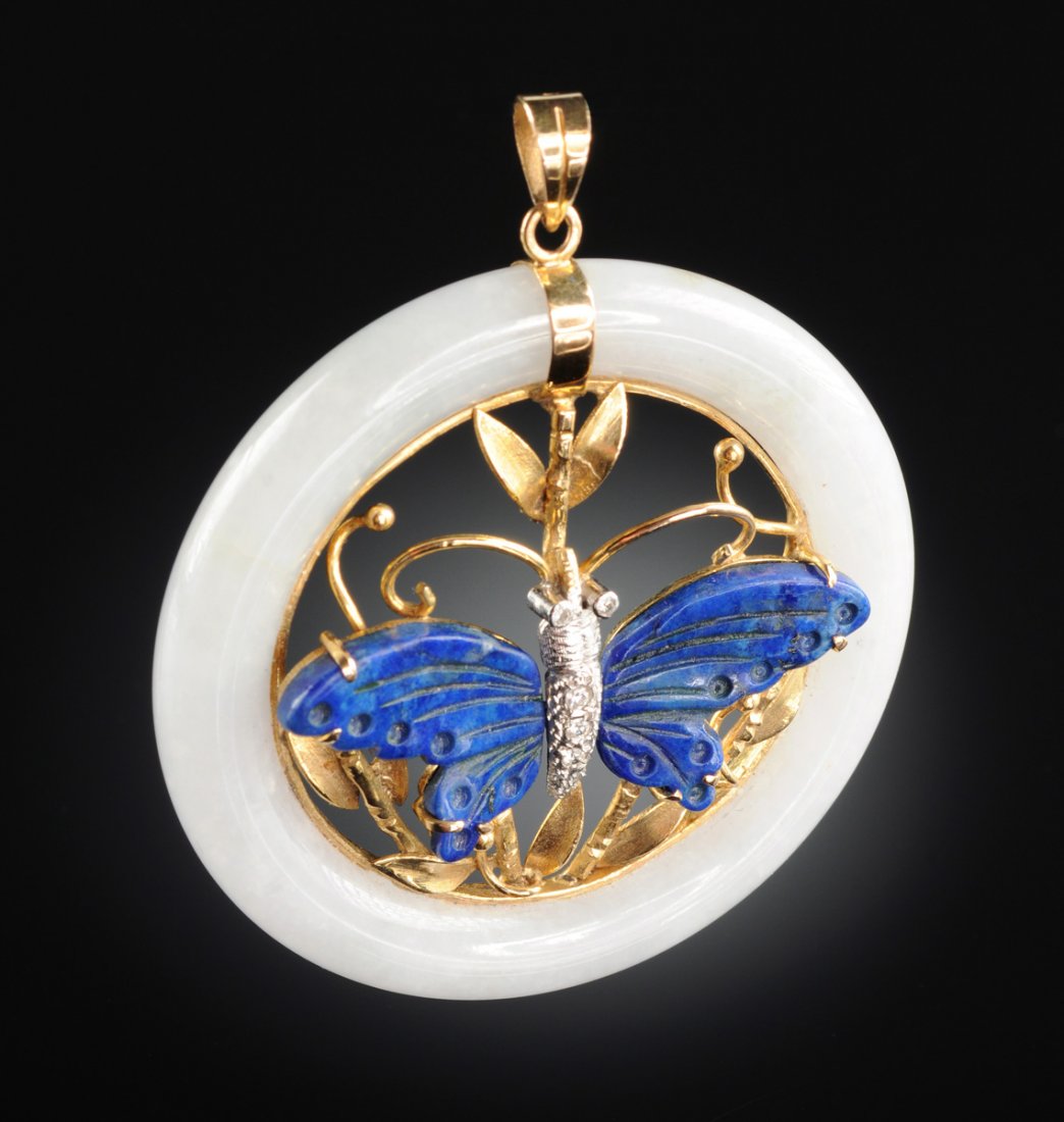A CHINESE 14K YELLOW GOLD, JADE, LAPIS LAZULI, AND (1 of 3)