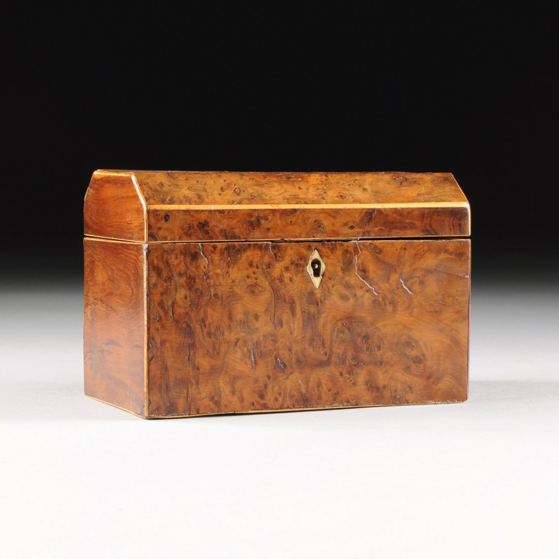 A REGENCY ERA BURL WALNUT AND BOXWOOD TRIMMED TEA (1 of 8)