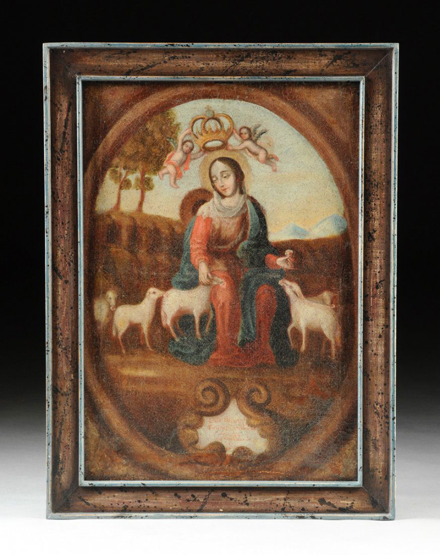 A SPANISH COLONIAL POLYCHROME RETABLO ON CANVAS, POSSIB (1 of 10)
