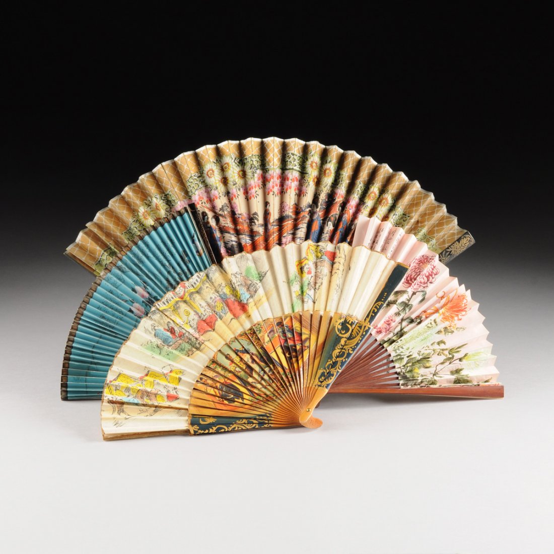 AN ASSEMBLED GROUP OF FOUR VINTAGE PAINTED FANS, EARLY (1 of 10)