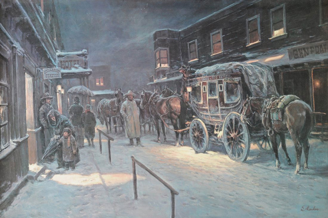 LAJOS MARKOS (American/Texas 1917-1993) A PRINT, "The: LAJOS MARKOS (American/Texas 1917-1993) A PRINT, "The Last Coach,"on paper, signed a number 160/850 L/R. 18" x 26 3/4".