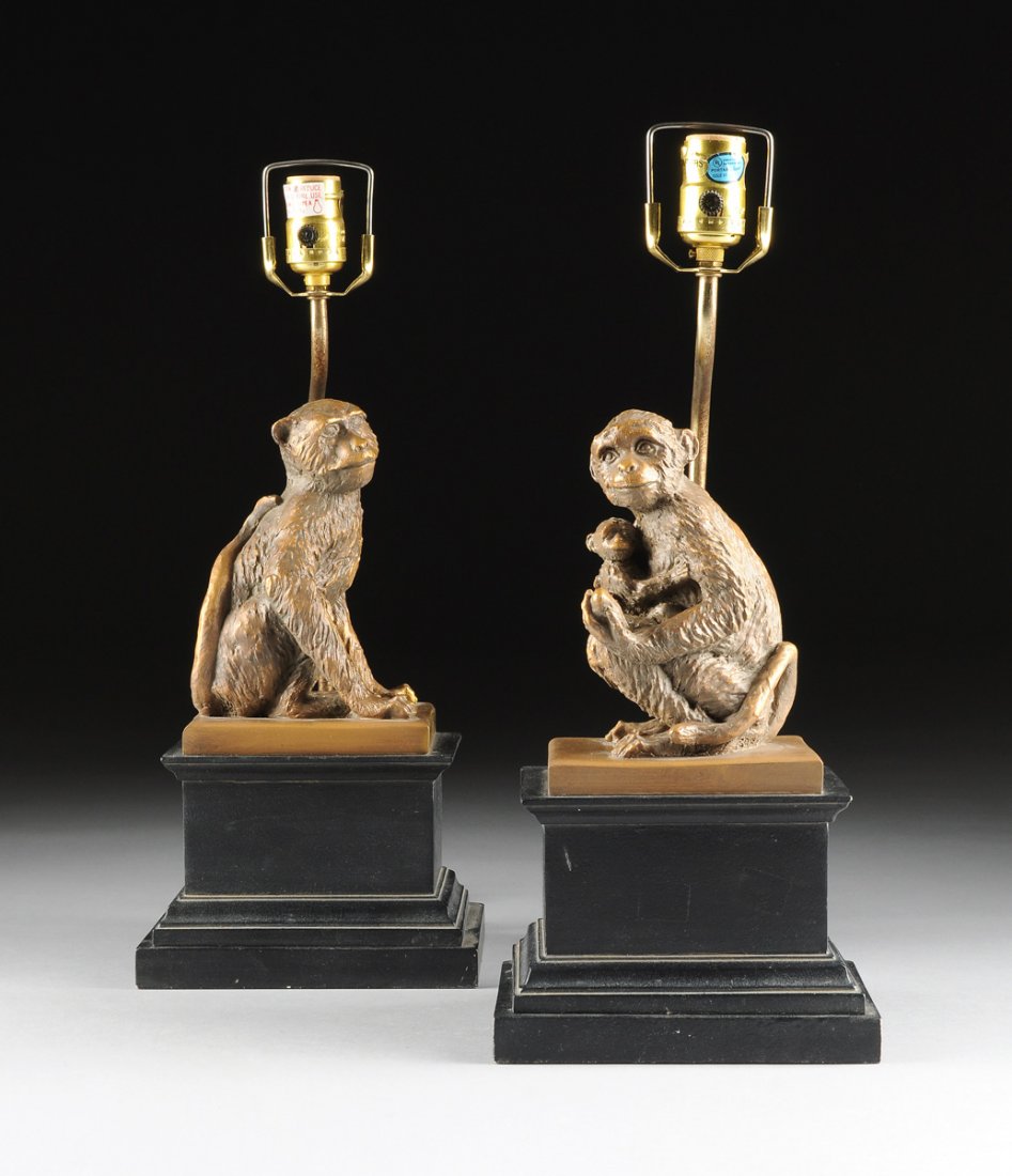 A NEAR PAIR OF COMPOSITION SIMIAN FIGURAL TABLE LAMPS, (1 of 8)