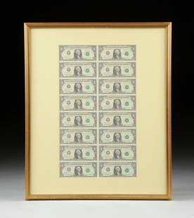 A FRAMED SHEET OF SIXTEEN UNCUT AMERICAN $1 NOTES,: A FRAMED SHEET OF SIXTEEN UNCUT AMERICAN $1 NOTES, 1993 series. Height: 20 1/2" Width: 12'
