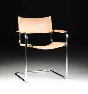 A CONTEMPORARY LEATHER AND CHROMED TUBULAR STEEL: A CONTEMPORARY LEATHER AND CHROMED TUBULAR STEEL ARMCHAIR, LATE 20TH CENTURY, of rectangular form with a conforming stitched leather backrest and seat flanked by rounded tubular arms centering