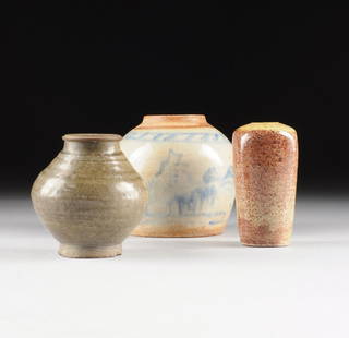 A GROUP OF THREE VARIOUSLY GLAZED CERAMIC WARES,: A GROUP OF THREE VARIOUSLY GLAZED CERAMIC WARES, POSSIBLY 19TH AND 20TH CENTURIES, comprising a short tapering circular blue and white glazed ceramic jar, possibly Korean, Josean Dynasty, 19th