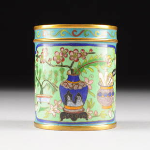 A CHINESE CLOISONNÉ ENAMEL LIDDED JAR, 20TH CENTURY,: A CHINESE CLOISONNÉ ENAMEL LIDDED JAR, 20TH CENTURY, the brass base metal with copper enamel scenes of potted flowering ferns and plants, as well as baskets of scrolls on green and turquoise ground.