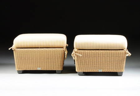 A PAIR OF A VENEMAN COLLECTIONS WOVEN POLYMER WICKER: A PAIR OF A VENEMAN COLLECTIONS WOVEN POLYMER WICKER OUTDOOR OTTOMANS, TISSAGE COLLECTION, MODERN, of tapering square form, on block feet, including corner tied neutral fabric upholstered cushions.
