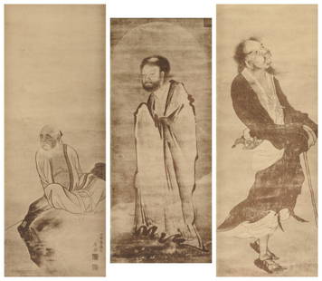 A GROUP OF THREE MATTED MEIJI PERIOD JAPANESE WOODBLOCK: A GROUP OF THREE MATTED MEIJI PERIOD JAPANESE WOODBLOCK PRINTS OF SAGES, framed measurements of each 16 1/4" x 8 1/4"