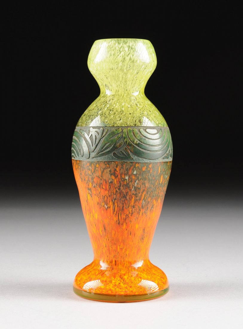 A LEGRAS HAND BLOWN AND ACID ETCHED GLASS VASE, FRANCE,: A LEGRAS HAND BLOWN AND ACID ETCHED GLASS VASE, FRANCE, EARLY 20TH CENTURY, of baluster form, the bulbous narrowed lip in lemon green with dark green and white inclusions leading down to the high shou