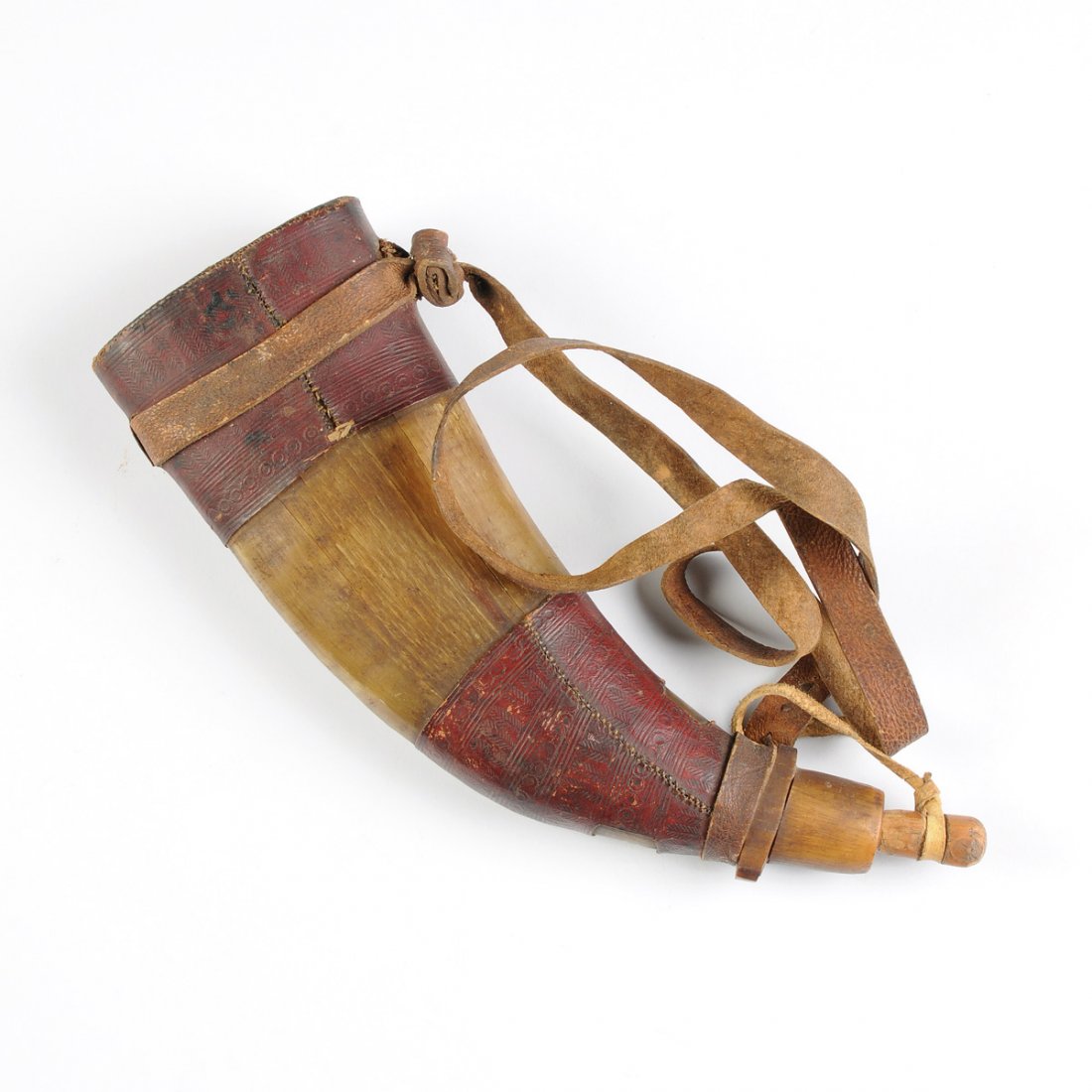 A NORTH AFRICAN LEATHER WRAPPED HORN FLASK, POSSIBLY (1 of 6)