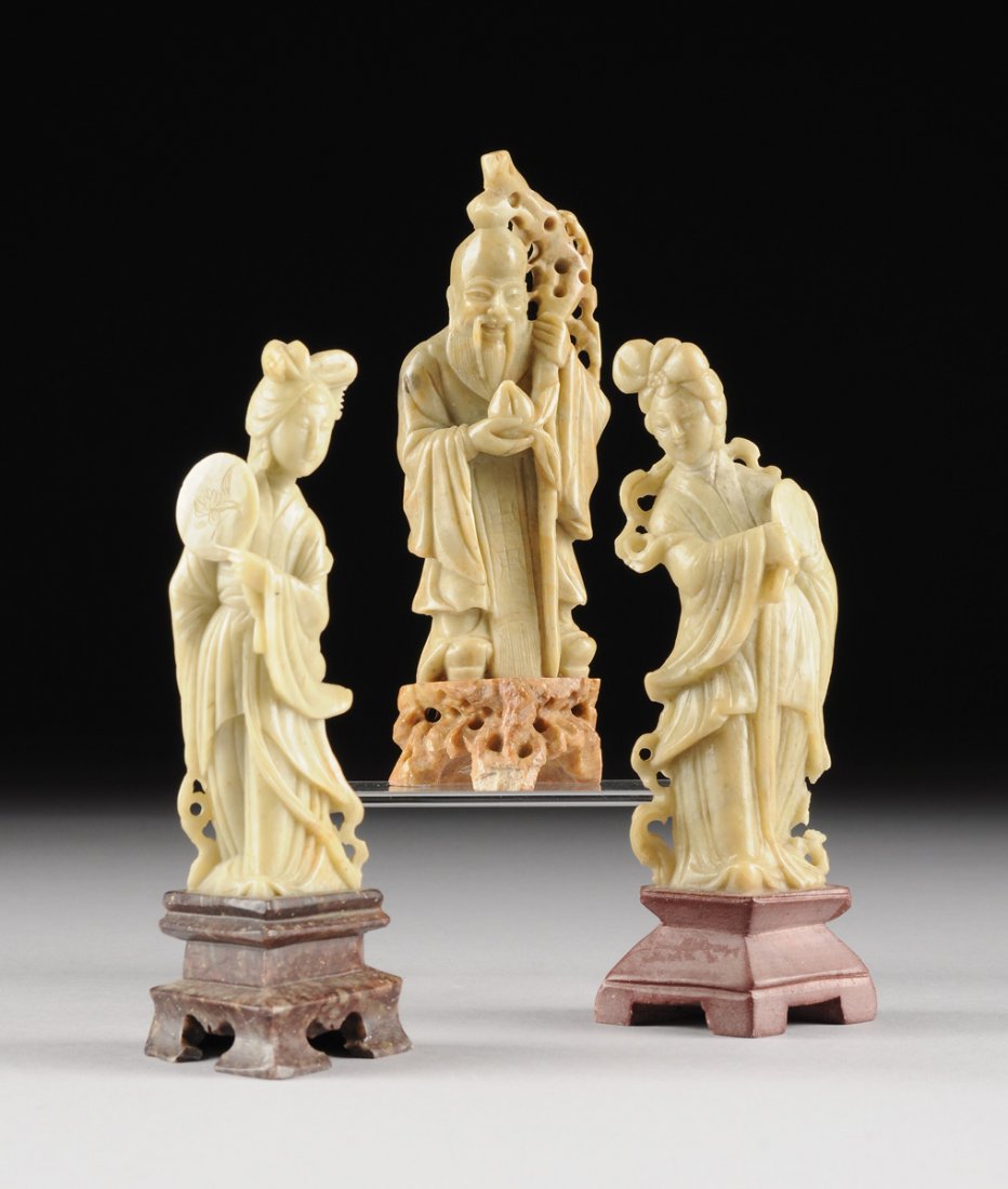 THREE CHINESE CARVED SOAPSTONE FIGURES OF SHOU XING AND (1 of 10)