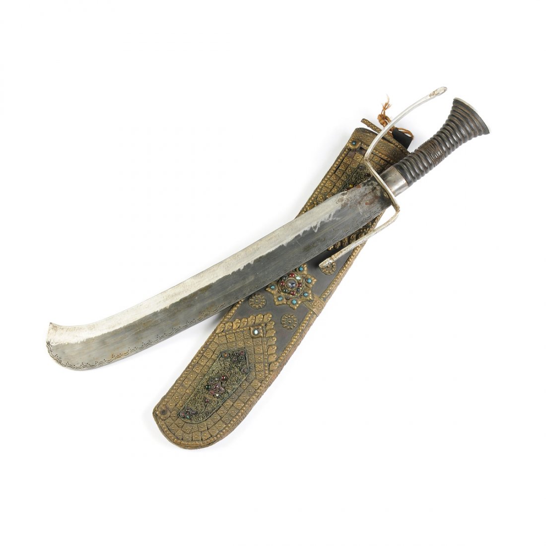 AN INDIAN CARVED EBONY HANDLED AND STEEL SWORD WITH FAU (1 of 10)