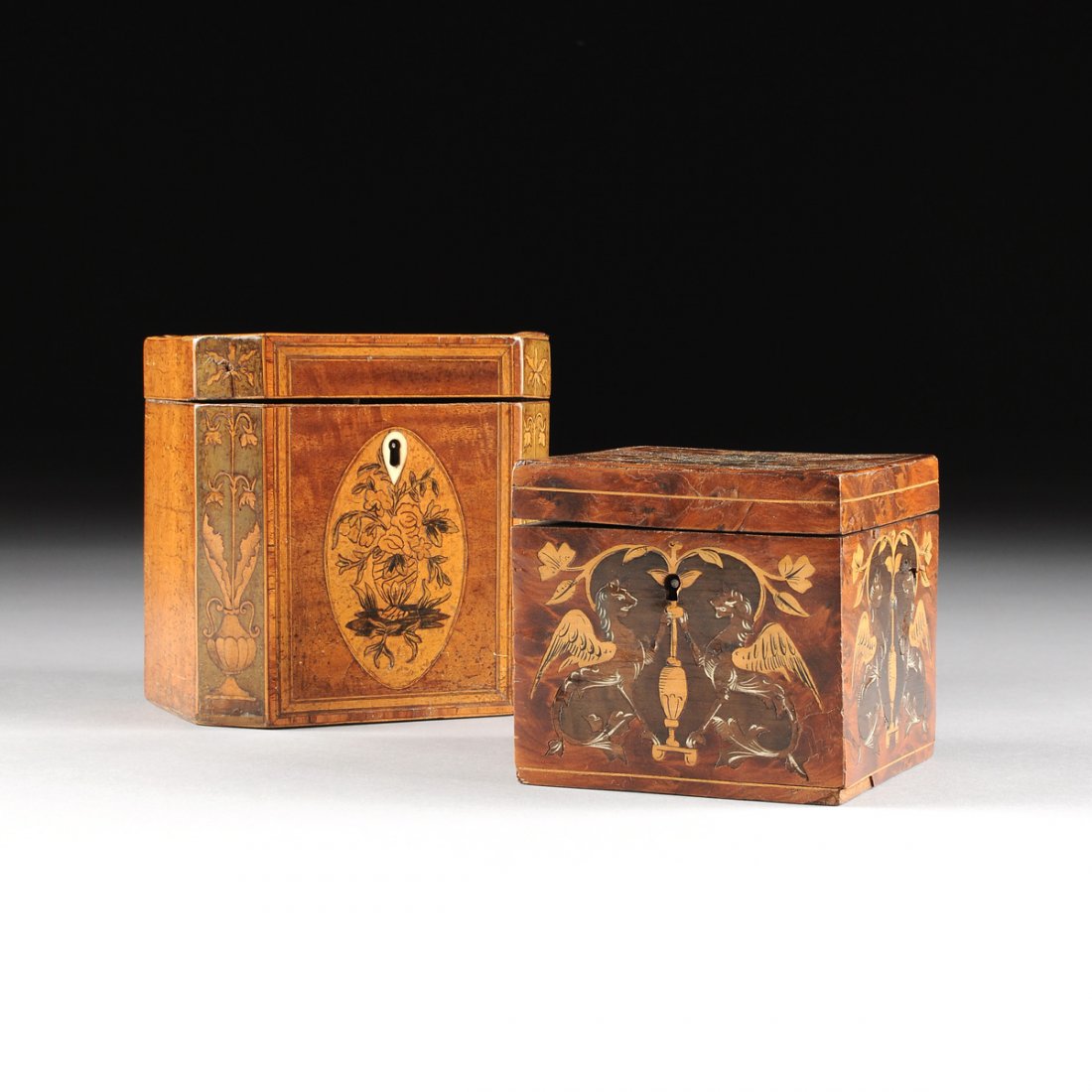 TWO ANTIQUE EXOTIC WOODS INLAID MARQUETRY TEA CADDIES, (1 of 10)