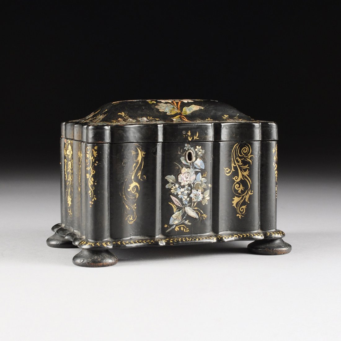 A VICTORIAN MOTHER-OF-PEARL INLAID BLACK LACQUER TEA (1 of 10)