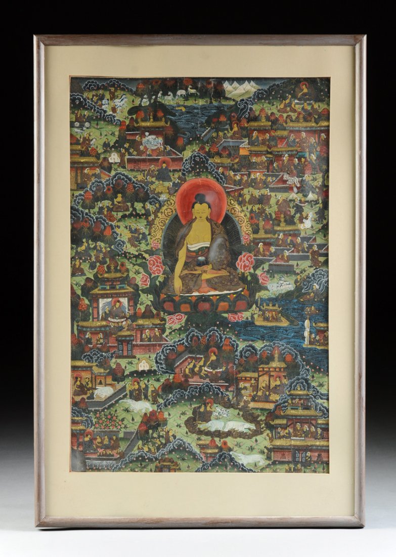 A TIBETAN POLYCHROME PAINTED THANGKA, POSSIBLY: A TIBETAN POLYCHROME PAINTED THANGKA, POSSIBLY 19TH/20TH CENTURY, centering Buddha seated on traditional lotus throne and enclosed by scenes of monks in various teachings taken from the life of Buddha