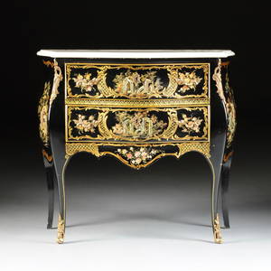 A LOUIS XV STYLE CHINOISERIE BLACK PAINTED AND
