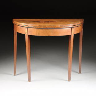 A GEORGE III MAHOGANY, SATINWOOD, AND MARQUETRY: A GEORGE III MAHOGANY, SATINWOOD, AND MARQUETRY CROSSBANDED DEMILUNE GAMES OR CARD TABLE, CIRCA LAST QUARTER 18TH CENTURY, in the manner of Thomas Sheraton (English 1751-1806), with double gate leg ac