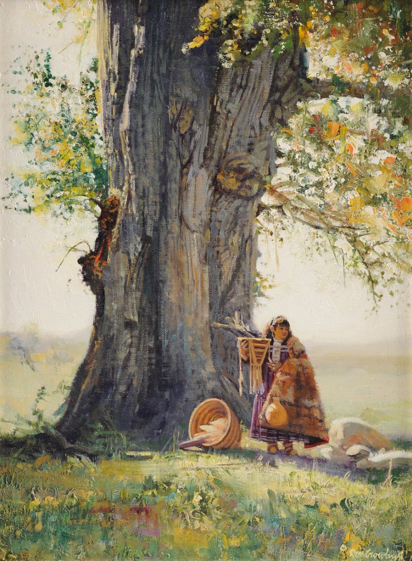 DON CROWLEY (American b. 1926) A PAINTING, "The: DON CROWLEY (American b. 1926) A PAINTING, "The Gatherer," oil on canvas, signed L/R. 12" x 9"