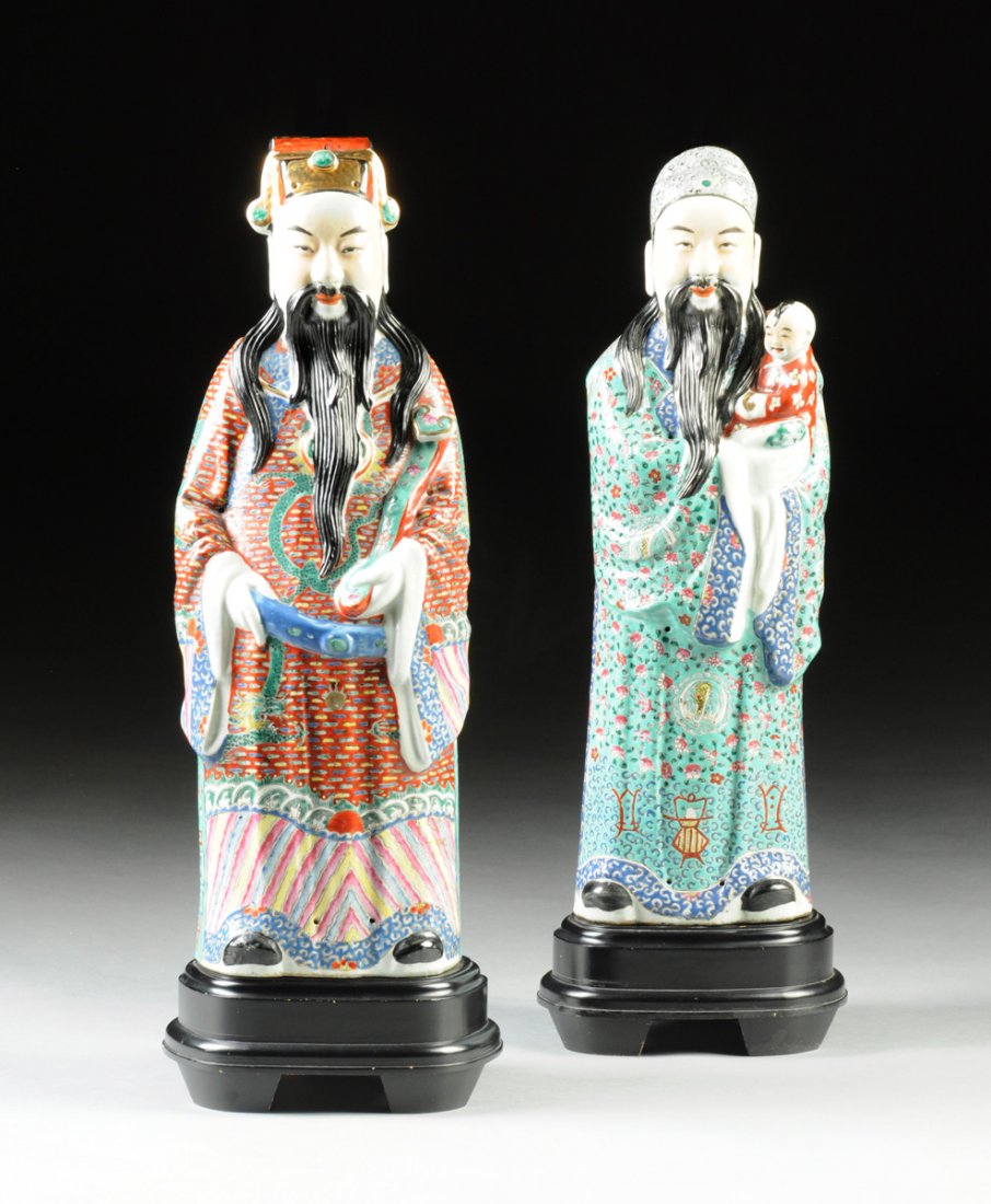 A PAIR OF CHINESE POLYCHROME PAINTED PORCELAIN FIGURES (1 of 10)