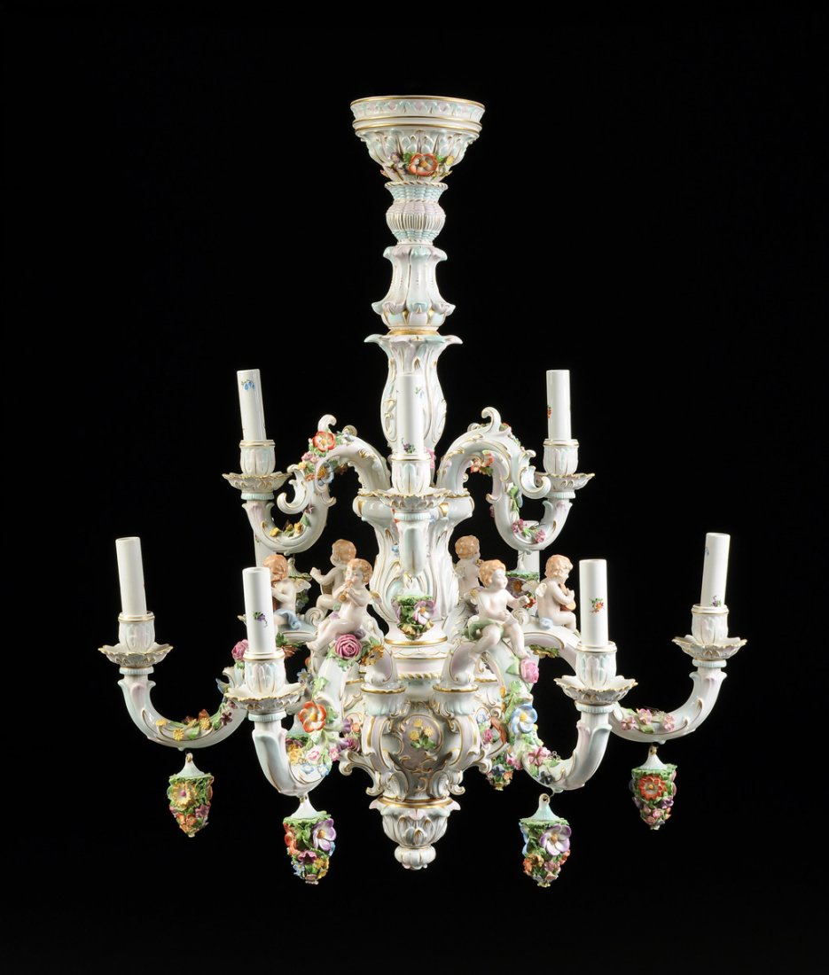 A DRESDEN STYLE PORCELAIN ROCOCO TWO TIER CHANDELIER IN (1 of 10)
