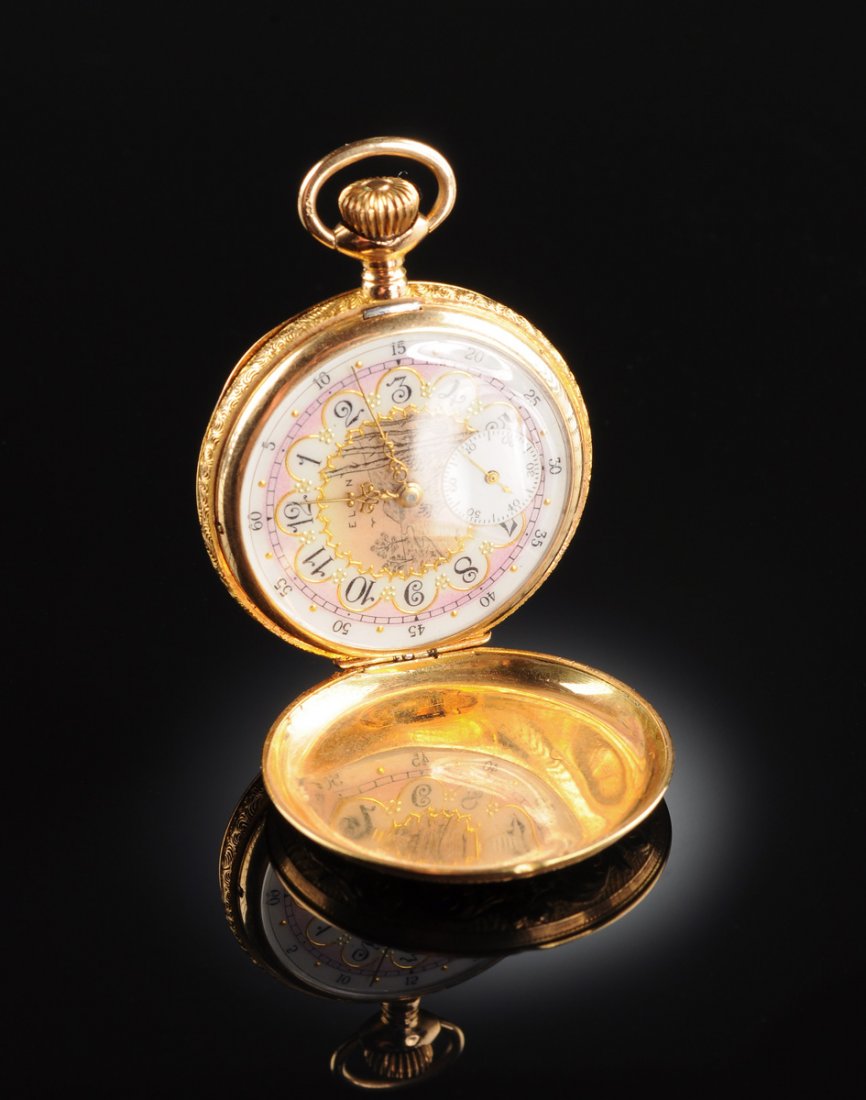 A 14K YELLOW GOLD HUNTING CASE ELGIN POCKET WATCH, (1 of 3)