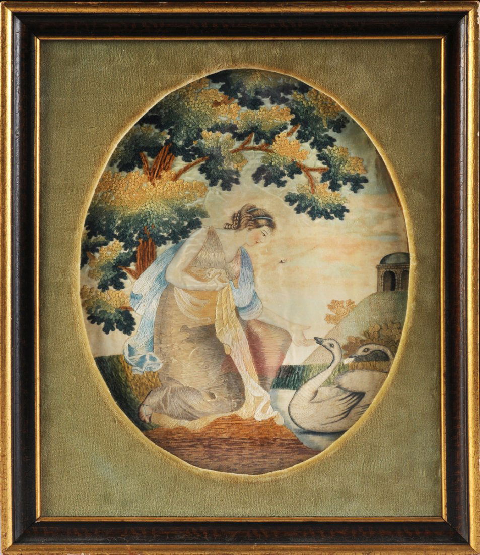 AN AMERICAN SILK NEEDLEWORK AND PAINTED SILK PANEL OF A (1 of 2)