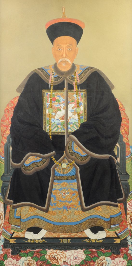 A CHINESE POLYCHROME PAINTED ANCESTOR PORTRAIT, QING (1 of 10)